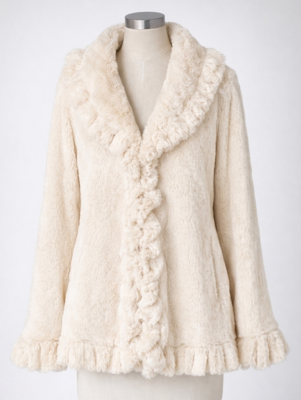 Damselle New York Cream Faux Fur Ruffle Swing Coat Jacket | LARGE